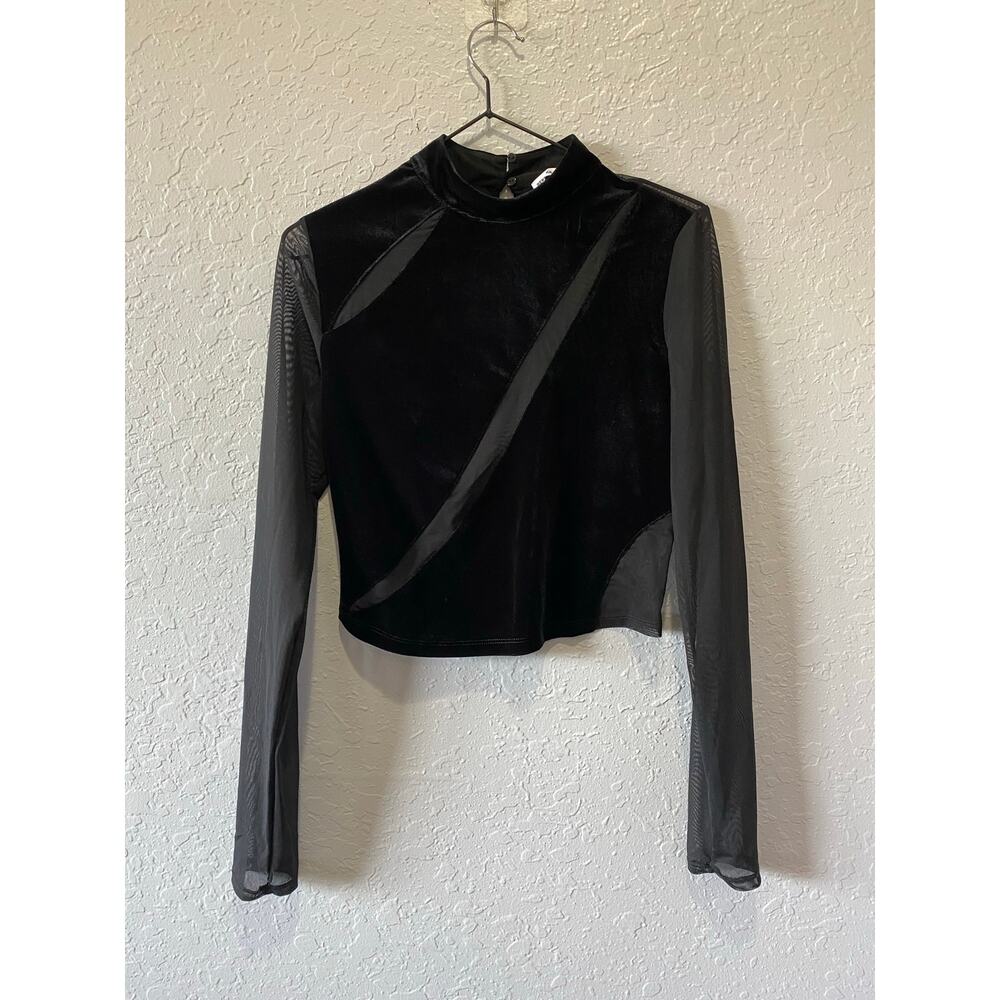 Bershka Mesh and Velvet Cropped Long Sleeve Top Black Sz L Party Glam Club